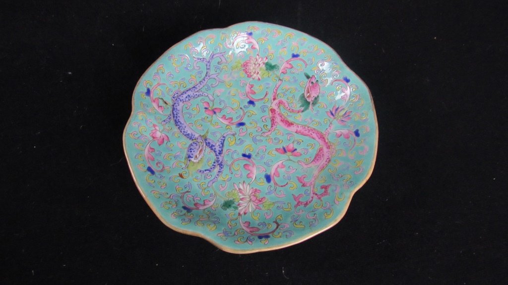 19th Century Qing Dynasty Turquoise Dragon and Flo: 19th Century Qing Dynasty turquoise bowl; with dragons and floral design; Height: 2" Length: 7" Width: 7"