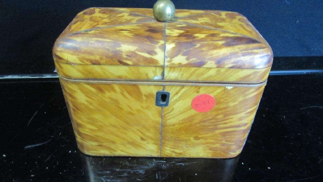 Southern Chinese Lobster Shell Tea Safe: Stunning old Chinese lobster shell tea safe. Velvet lined lid with 2 inner compartments and scoop. Very fine craftsmanship. Beautiful coloring and design. 4.5" x 4.5" x 7"