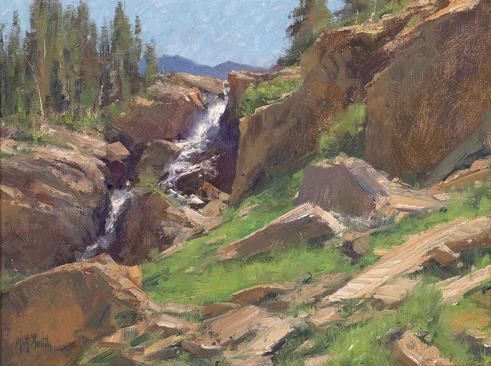 Logan Falls By Matt Smith: Matt Smith (b. 1960) Logan Falls Oil 12 x 16 inches Signed lower left: 'Matt Smith'; verso: signed and titled by artist © August 13th, Glacier Park, Montana. Private Collection, Alaska