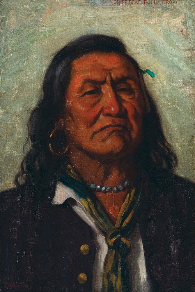 Chief Deaf Bull, Crow By Joseph Henry Sharp (1859-1953): Joseph Henry Sharp (1859-1953) Chief Deaf Bull, Crow Oil on canvas 18 x 12.25 Signed lower left: 'J.H. Sharp', Upper Right: 'Chief Deaf Bull Crow' The Artist; Acquired by the Butler Institute of Ameri