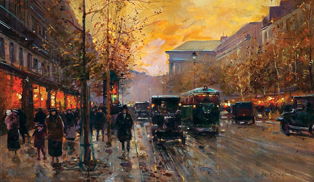 Boulevard de la Madeleine at Sunset By Edouard Cortes: Edouard Cortes (1882-1969) Boulevard de la Madeleine at Sunset c. 1925 Oil 10.5 x 18 inches Signed lower right: 'Edouard Cortes' Certificate of Authenticity from David Klein, Klein Gallery, West Holly