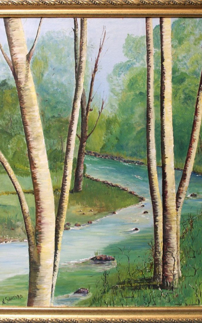 OLIO SU TELA: SOGGETTO “CAMPAGNA CON RUSCELLO”,a firma Santoro ,XX° secolo,h cm 98 x 69