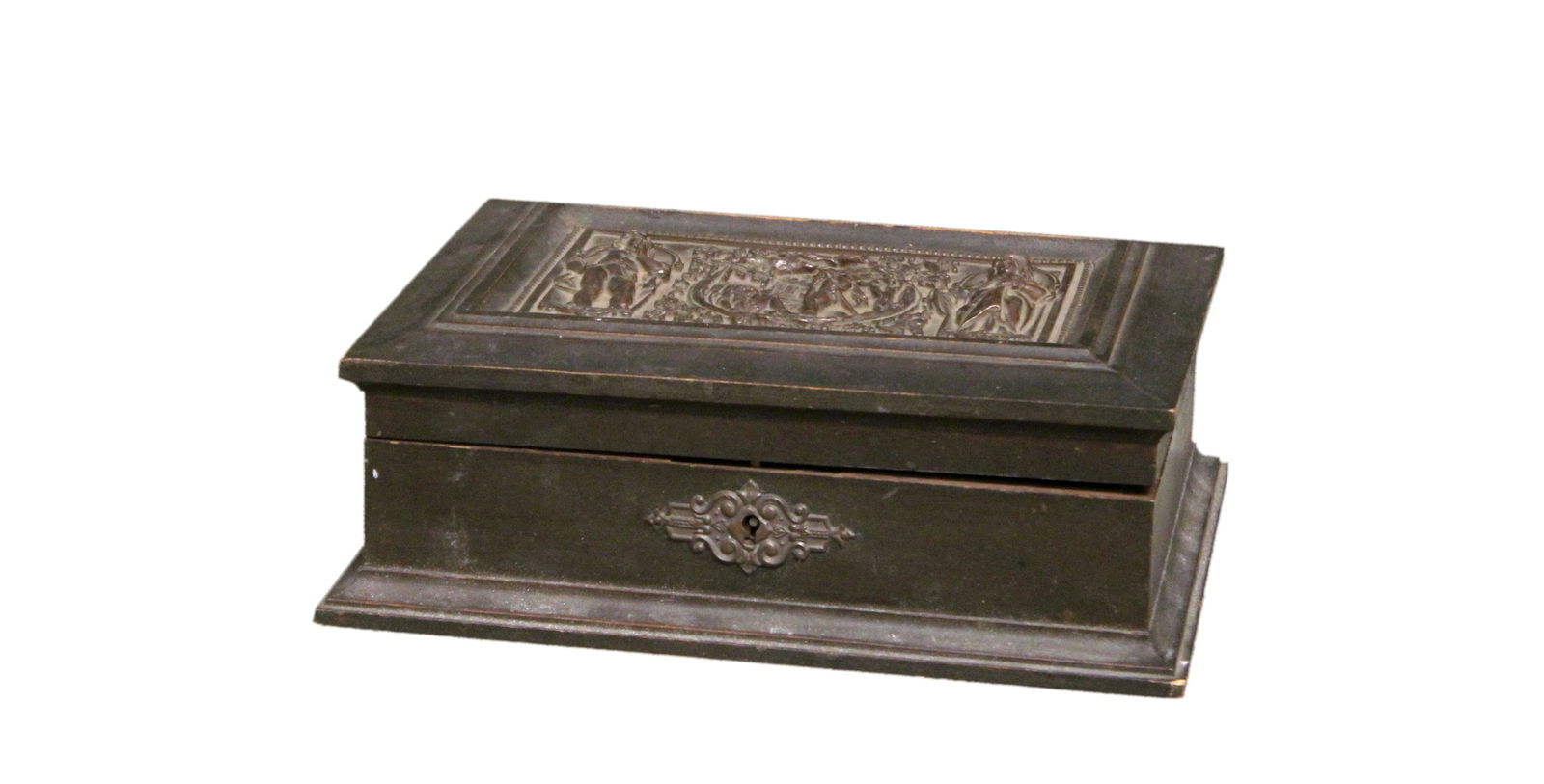 SCATOLA PORTAGIOIE: in legno e metallo con decorazioni a rilievo,Italia ‘900, h cm 8 x 23 x 18