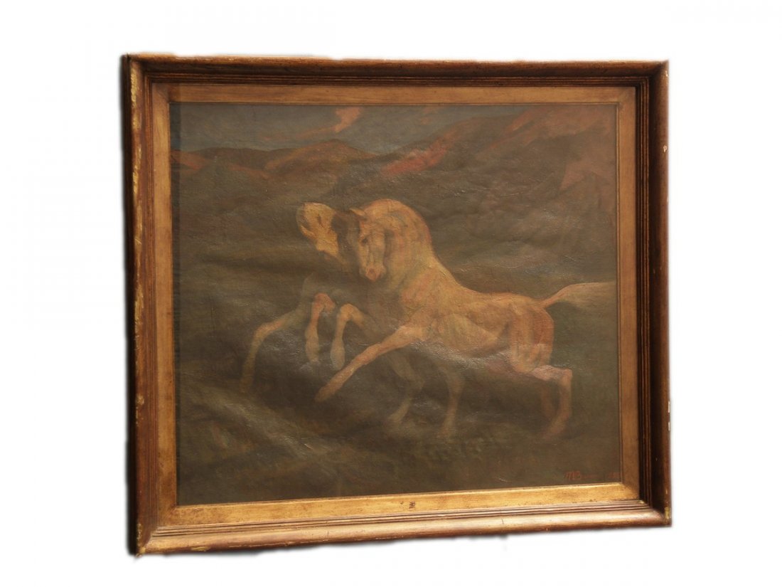 DIPINTO OLIO SU TELA: SOGGETTO CAVALLI ,firmato Busini ( Cremona 1901 / 1974),XX° secolo Italia,h cm 54 x 61