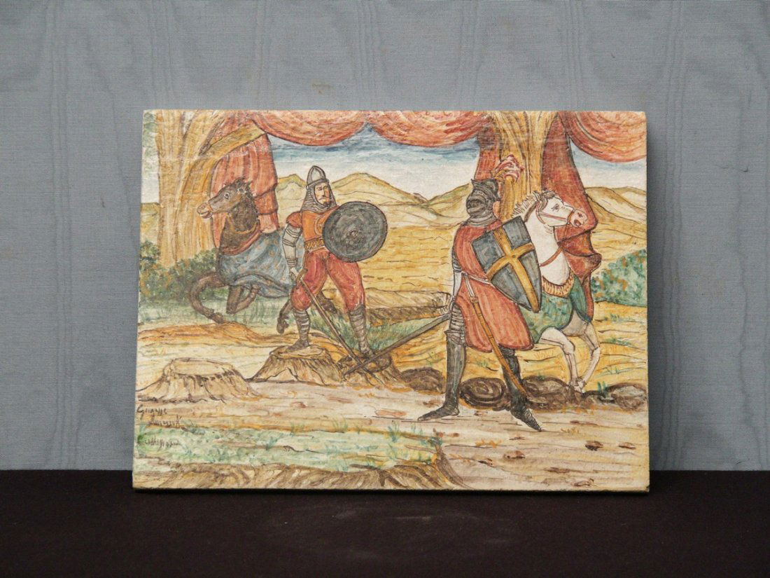 PLACCA IN MAIOLICA: “LOTTA TRA UN PALADINO E UN SARACENO”,XX° secolo ,Caltagirone,h cm 29 x 40