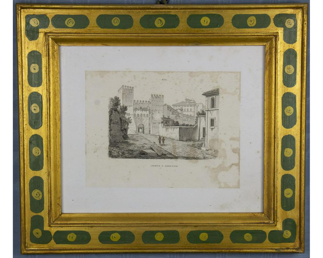 STAMPA PORTA SAN LORENZO: COROGRAFIA PRIMI 900 CORNICE DORATA E LACCATA. MIS 18,5 X24, 5 CM/ 40 X 46 CM