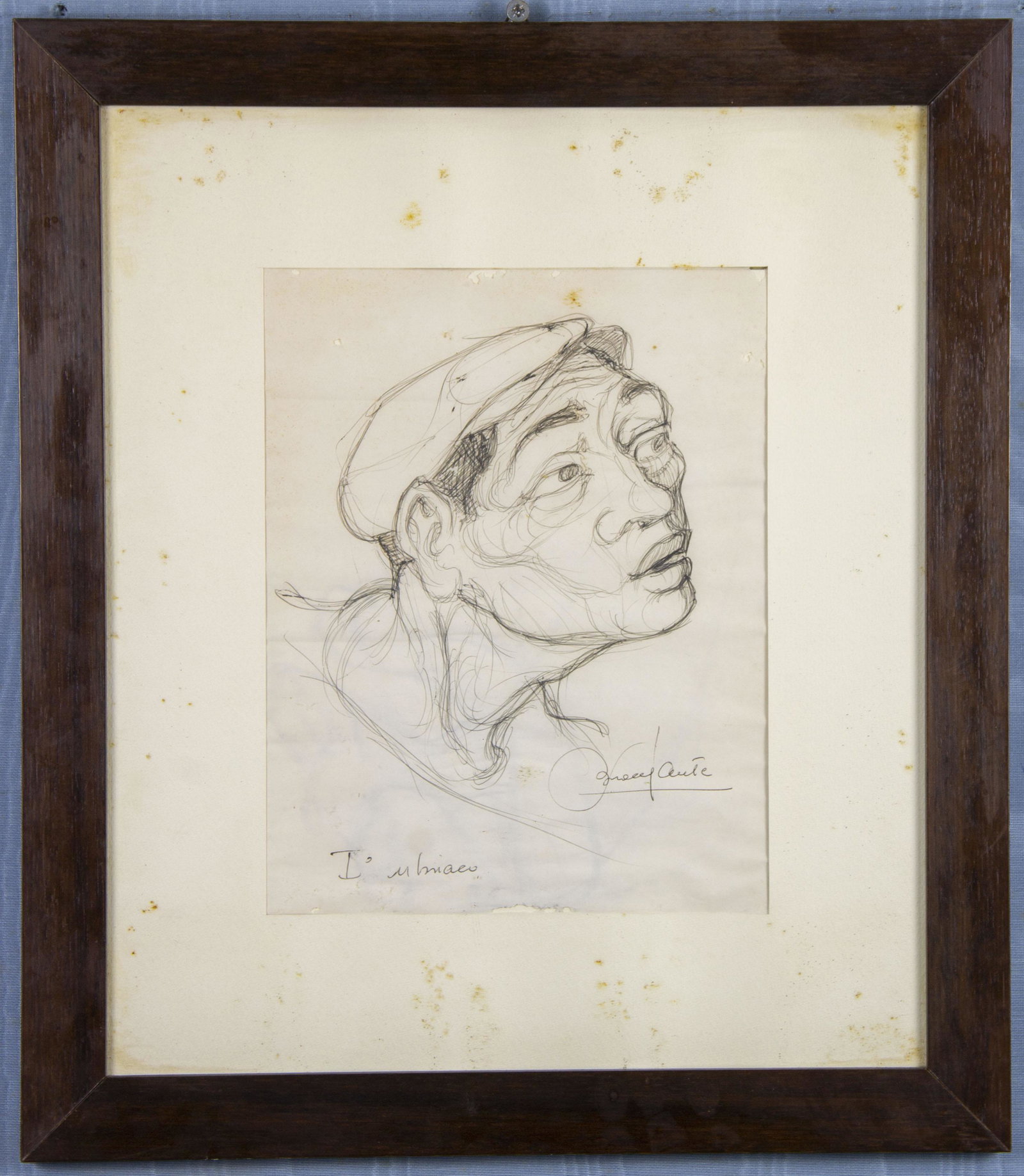 DISEGNO A CHINA: Raffigurante profilo maschile in cornice, A FIRMA Bracciante , anni 70 , Italia. H 40 x 34 cm