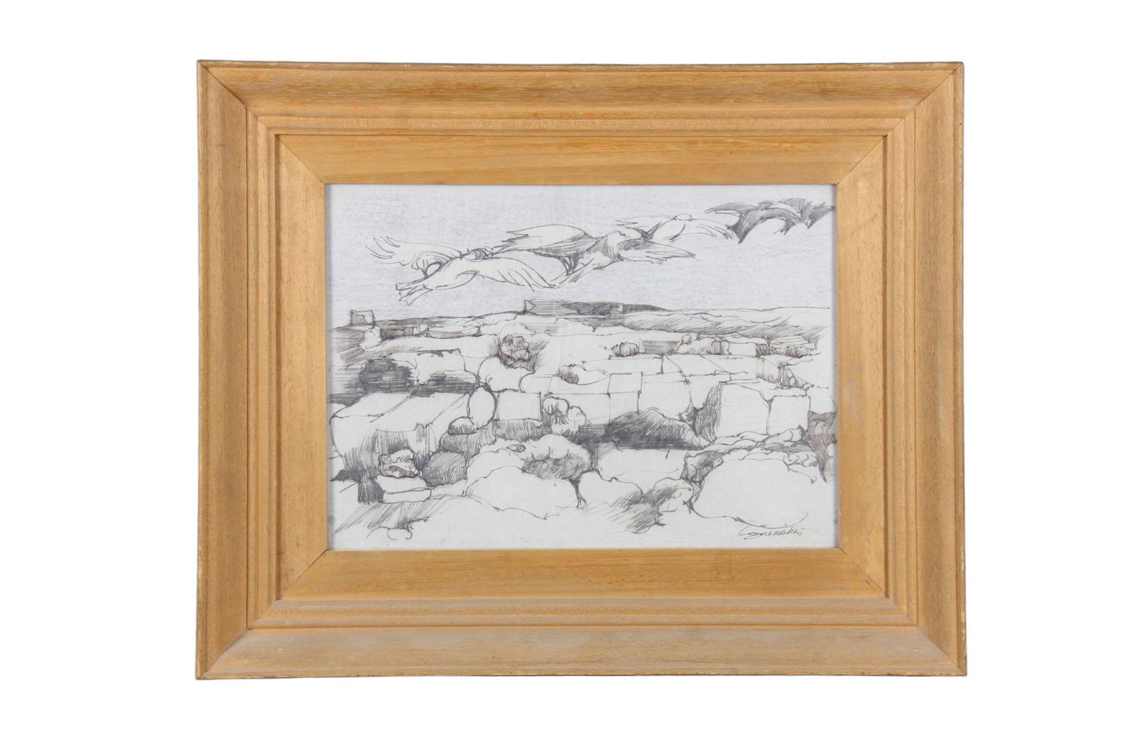 LITOGRAFIA: RAFFIGURANTE PAESAGGIO E VOLATILI h cm 24,5 x 34,5