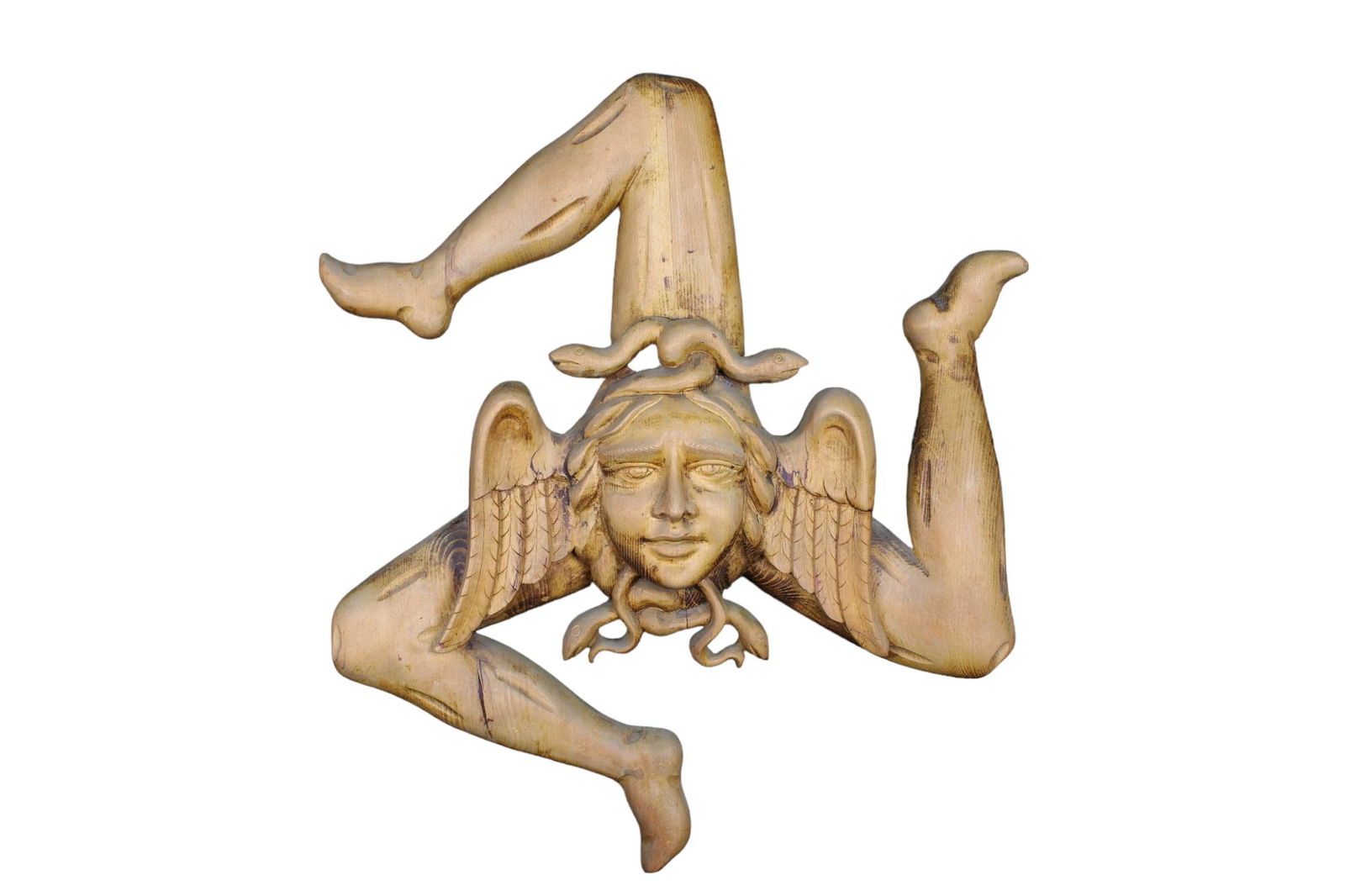 TRINACRIA SIMBOLO DELLA SICILIA: in legno scolpito vecchia fattura h cm 70 x 60
