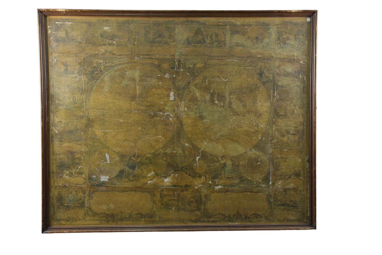 IMPORTANTE CARTINA GEOGRAFICA: SU CARTA APPLICATA SUTELA Raffigurante Emisfero Occidentale e Orientale, Parigi 1788 giÃ collezione Pietro Accorsi, mancanze e usure del tempo h cm 120 x 150