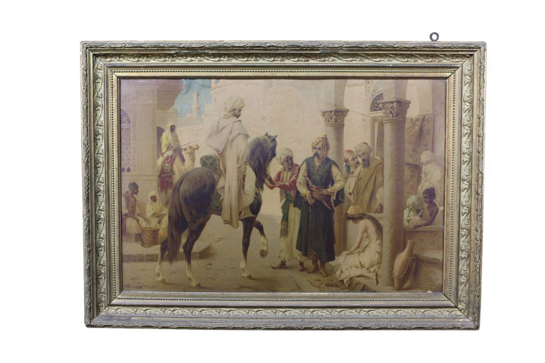 STAMPA OLEOGRAFICA: raffigurante scena di vita orientale dentro cornice in legno e pastiglia dorata, Luigi Crosio h cm 51 x 76 / cornice h cm 68 x 95