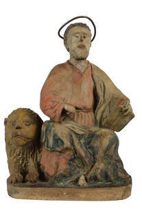 GRUPPO SCULTOREO: in terracotta policroma raffigurante San Marco con leone maestranze veneziane XVII/XVIII secolo h cm 29 x 20 x 18,5