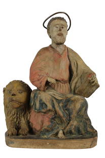 GRUPPO SCULTOREO: in terracotta policroma raffigurante San Marco con leone maestranze veneziane XVII/XVIII secolo h cm 29 x 20 x 18,5