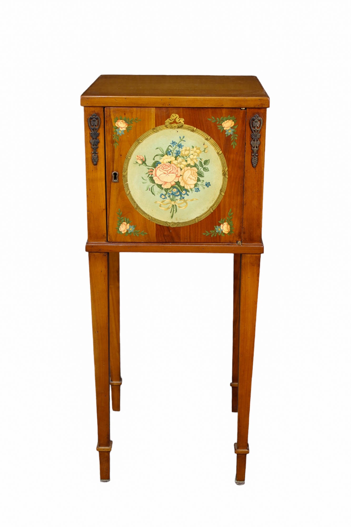 COMODINO DI GUSTO CLASSICO: in legno di ciliegio con anta dipinta a motivi floreali e applicazioni in bronzo Sicilia primi 900 h cm 89 x 37 x 37