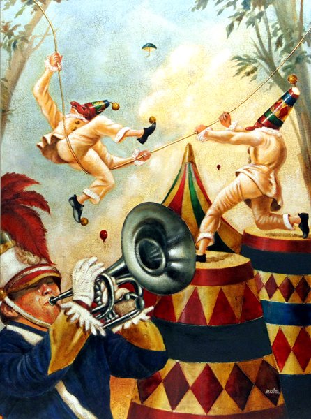 BIG TOP PERFORMERS Oil on Canvas by Edgar Barrios: This is a wonderful oil on canvas by listed artist Edgar Barrios. This piece features circus "Big Top Performers." There is a musician playing a horn in the foreground with two tightrope performers ab
