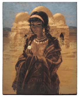 ORIENTALIST PAINTING ON MASONITE BY BERNARD CULLMAN: Painting on Masonite of an Orientalist style beauty in a village landscape by listed artist Bernard Cullmann (German 1903-1977) The board measures 19.75" x 15.75" signed lower right by the artist. The