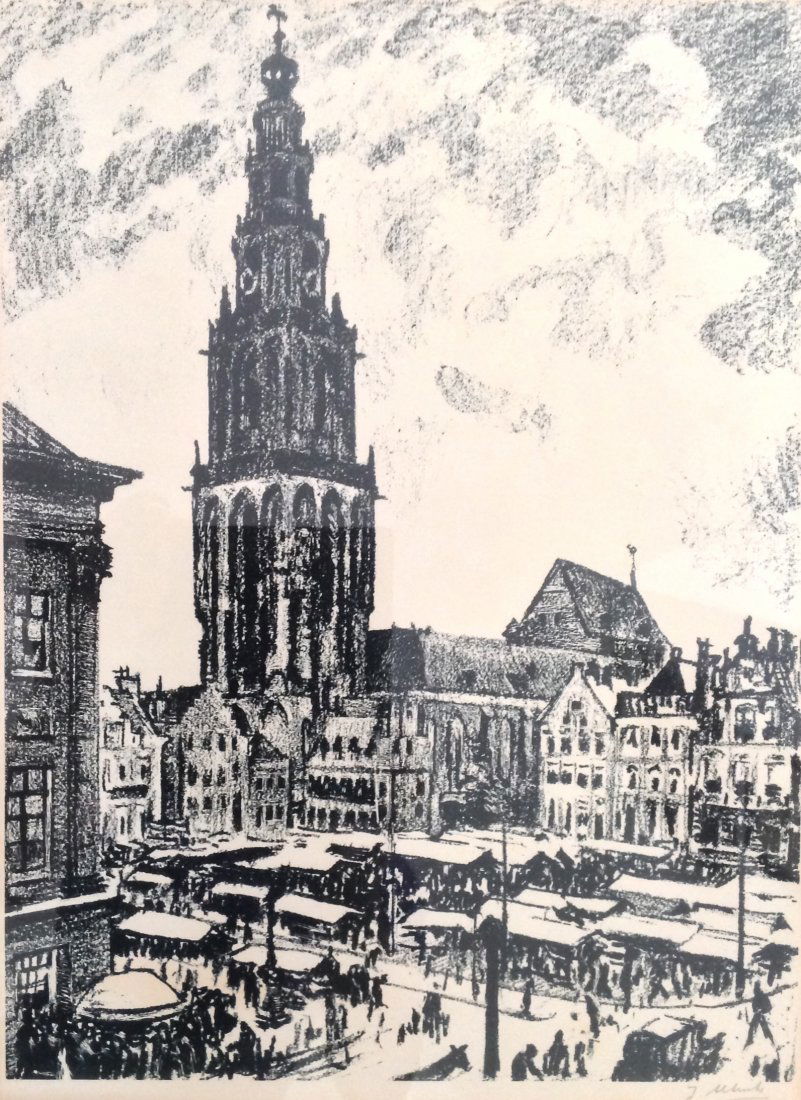 Jan Altink (1885-1971) - Markt te Groningen: Jan Altink (1885-1971) - Markt te Groningen - litho - met potlood gesigneerd