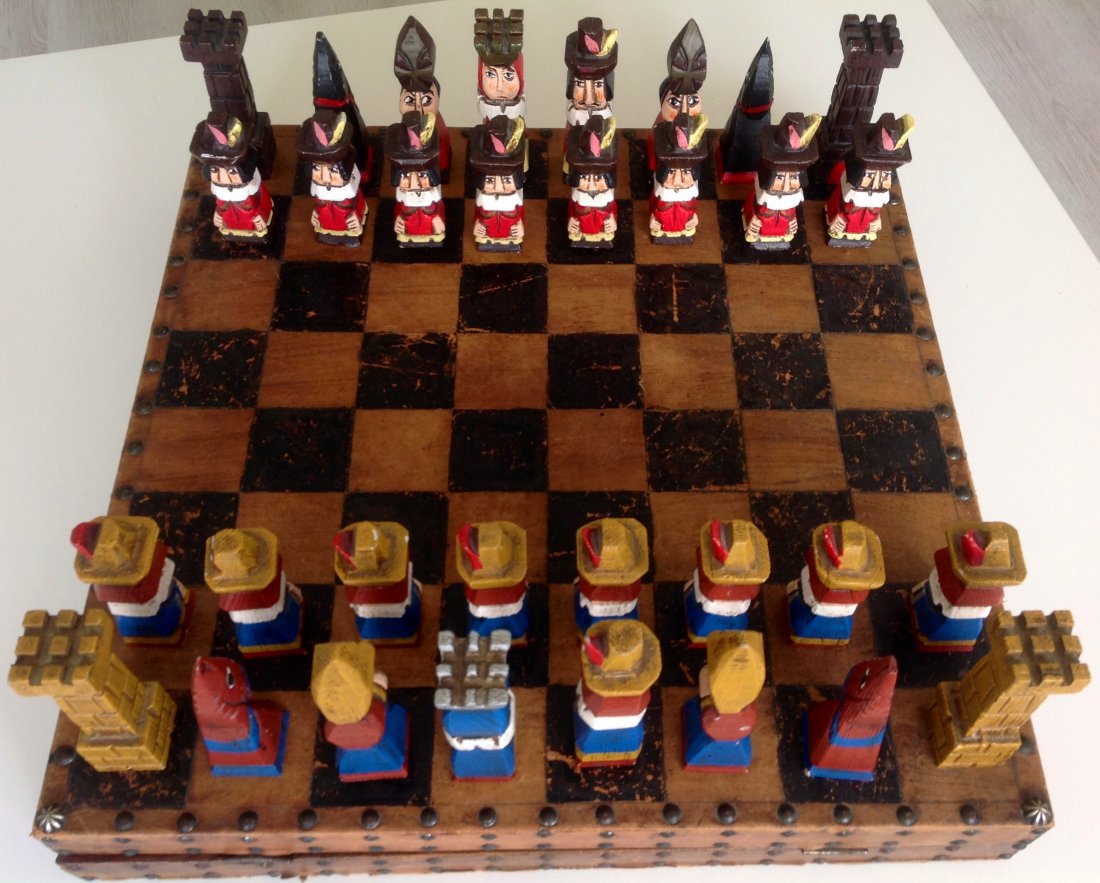 Mid 20c chess set, Spanish: Chess set in leather case,Handmade folk chess set,Mid 20th century, 40s,50s,Spanish