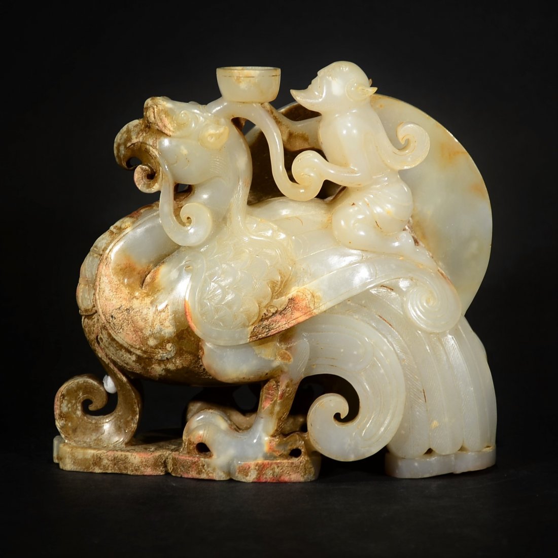 A CARVED WHITE JADE PHOENIX AND MONKEY ORNAMENT (1 of 10)