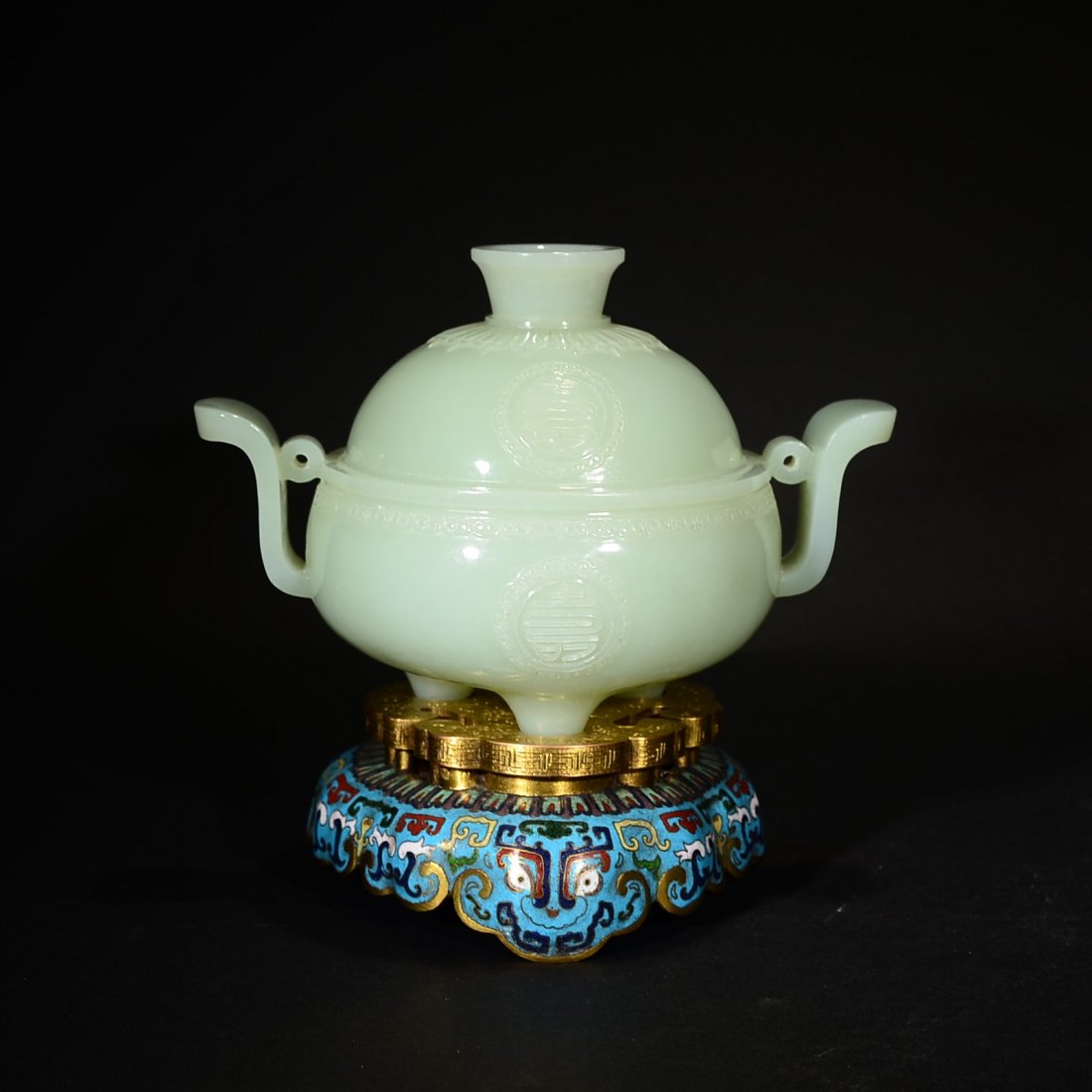 QIANLONG MARK, A WHITE JADE CENSER WITH A CLOISONNE (1 of 10)