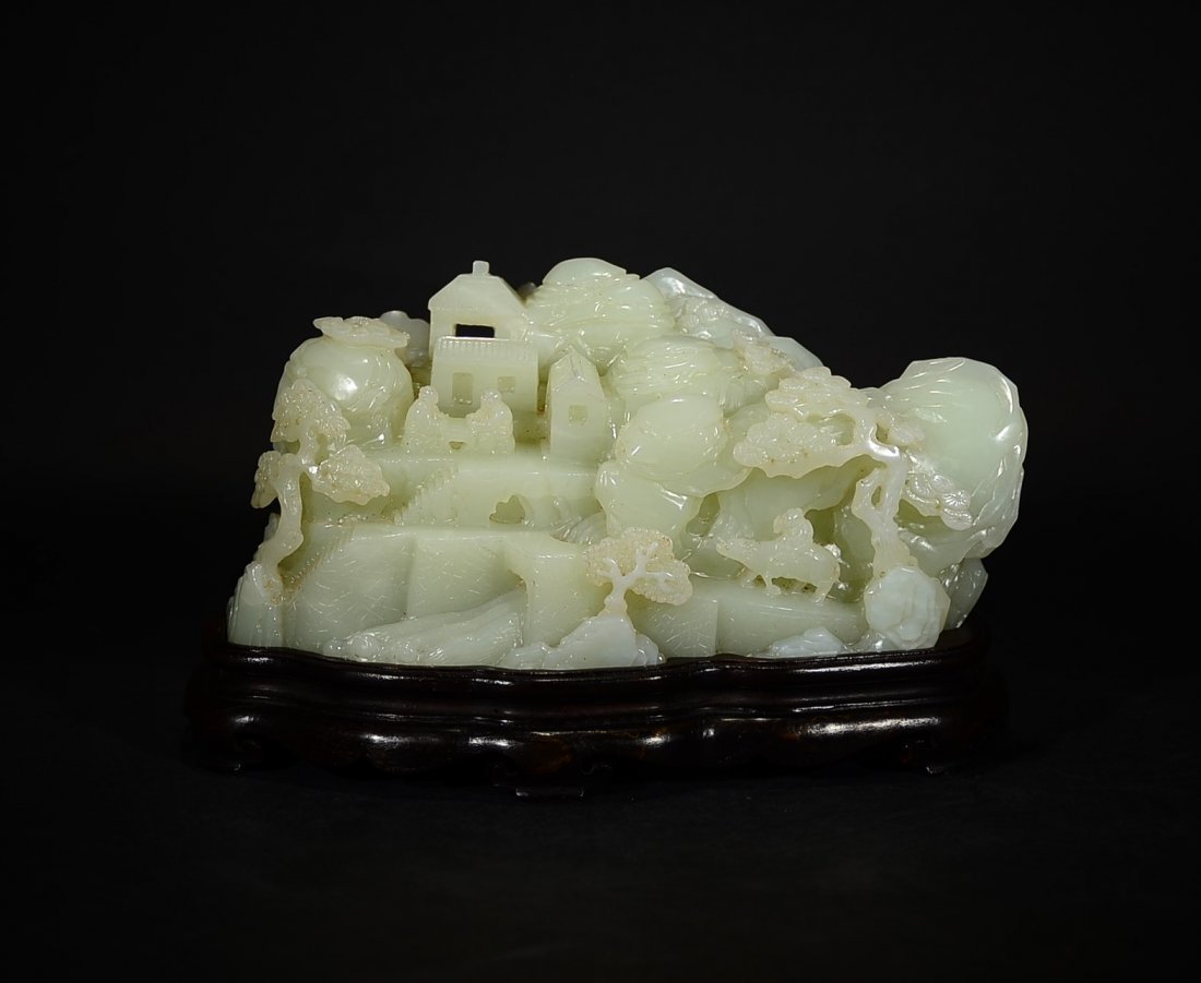 A CARVED HETIAN JADE LANDSCAPE ORNAMENT WITH STAND (1 of 10)