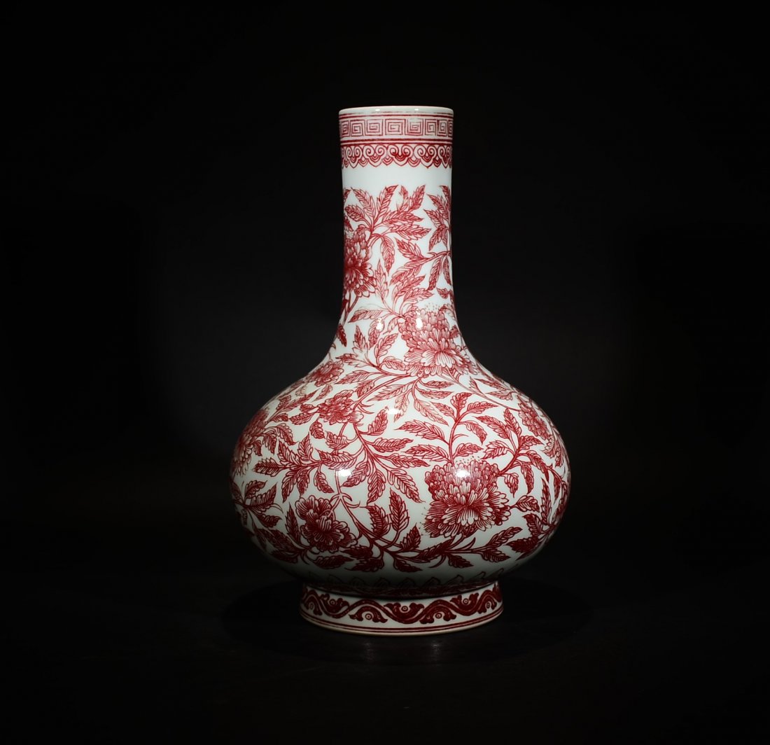 QIANLONG MARK, A COPPER RED FLORAL FLAT VASE (1 of 8)