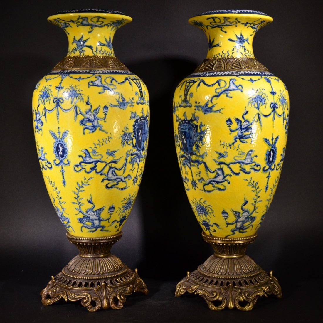 A PAIR OF B&W VASES WITH BRONZE STANDS (1 of 8)