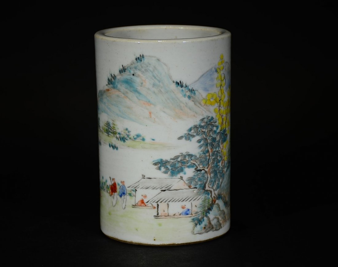 A FAMILLE ROSE LANDSCAPE BRUSH POT (1 of 7)