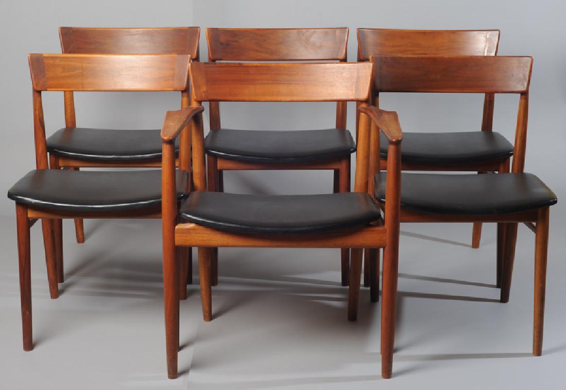 Set of Six Rosengren Hansen Danish Dining Chairs: Teak or rosewood, for Brande Mobelindustri, one arm and five side chairs.