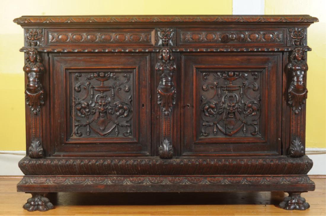 19th C. Baroque Style Cabinet or Sideboard: Elaborate and deep figural relief carvings, two drawers over two doors, probably mahogany, dovetailed construction, left drawer missing pull, stress cracks to right door and top. H: approx. 39 1/2". W