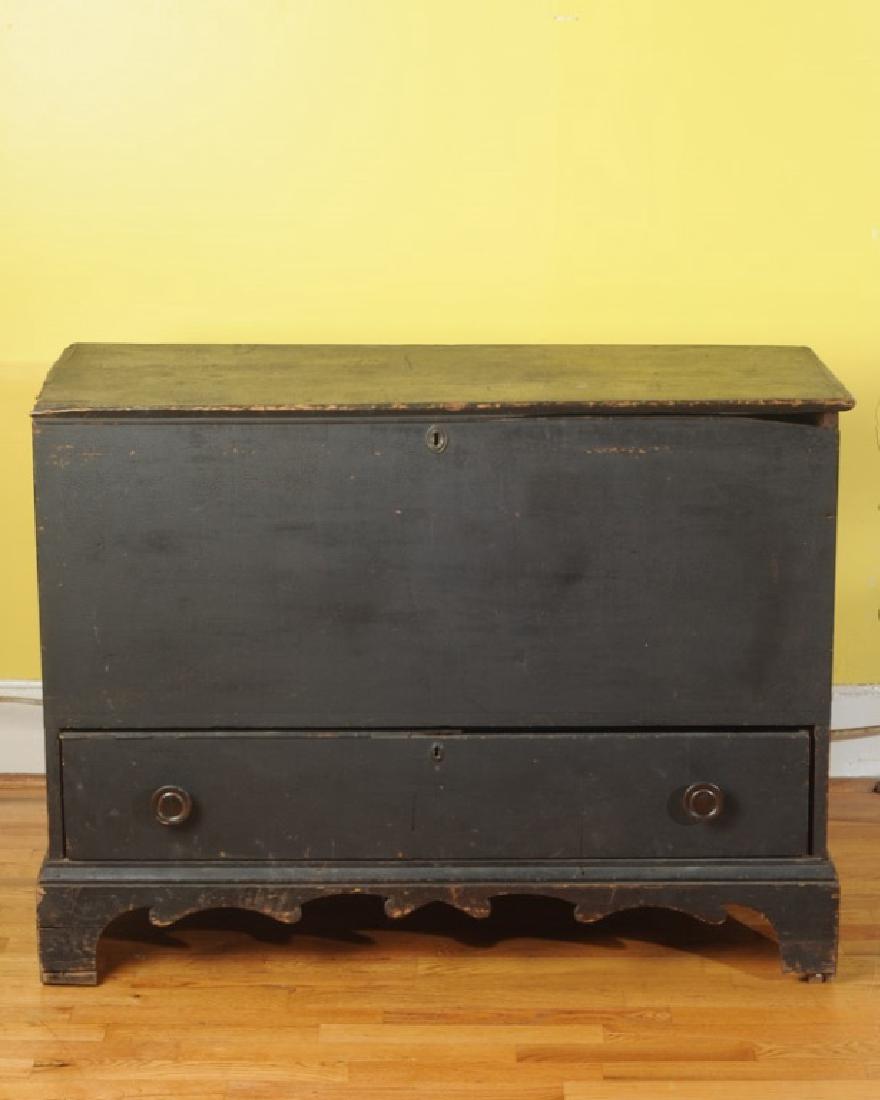 19th C. Country Chippendale Style Mule Chest: Painted, an interior till, with name identification to inside of lift lid and to the back, lift lid compartment over single drawer, bracket feet, some damage. H: approx. 32 1/2". W: approx. 43". D: ap