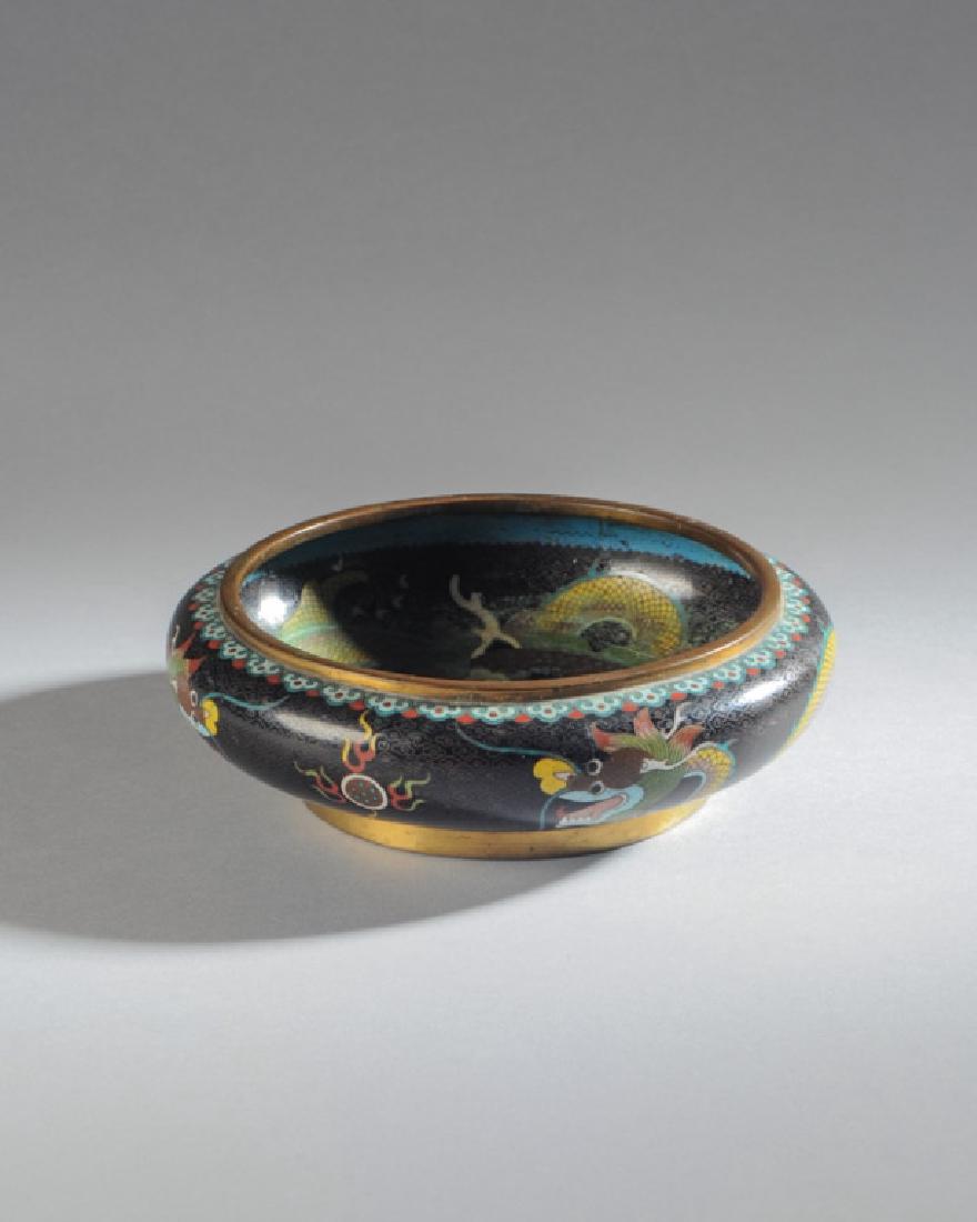 Chinese Cloisonne Bowl: Five toed dragon motif, signed to the base with character marks, some surface damage to interior from use. H: approx. 2 1/2". Dia: approx. 8".