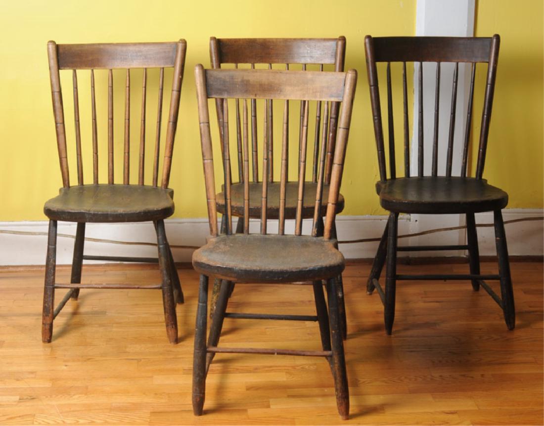 Four 19th C. Windsor Side Chairs: Shaped seats, wear and discoloration.