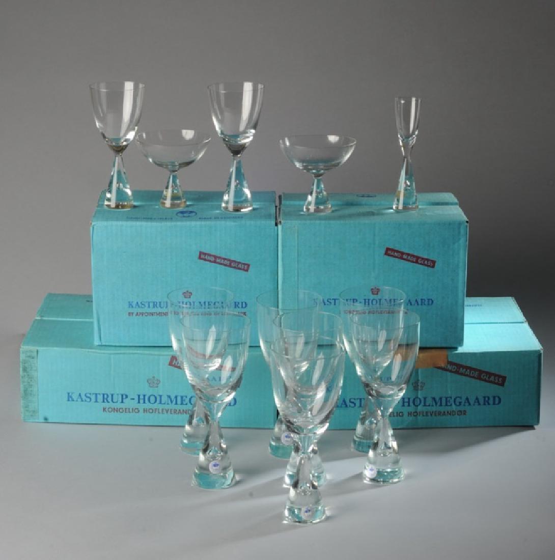 Large Lot Kastrup-Holmegaard Danish Stemware: Some in original boxes, paper labels, 3 different sizes. Tallest: approx. 8".