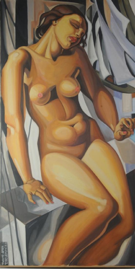 T. White (After Tamara De Lempicka) Oil on Canvas: Tamara De Lempicka was well known for her Art Deco canvases, and T. White emulated her. Canvas: approx. 50" x 25 1/2".