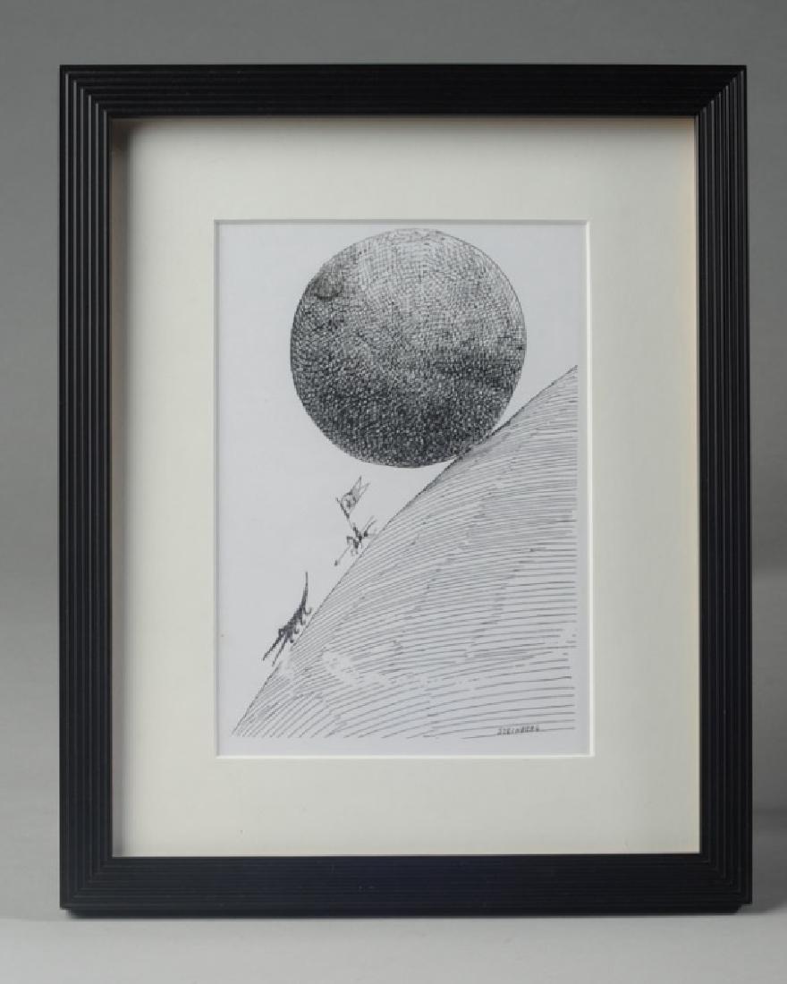 Saul Steinberg Print: Figure on horseback chasing an alligator down a hill. Image: approx. 7" x 5". Frame: approx. 11" x 9".