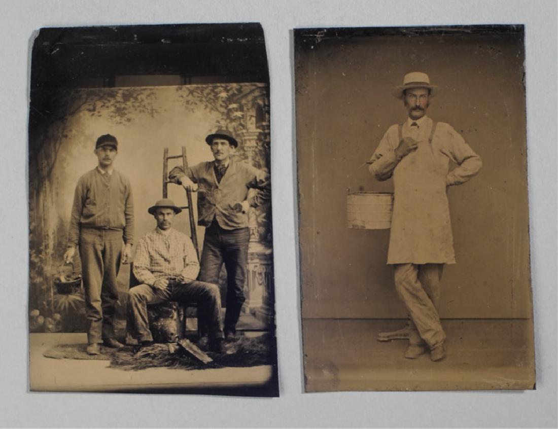 Two Occupational Tintypes: One of man in apron with bucket, the other of 3 men (possibly carpenters) with ladder, bucket, etc. Largest: approx. 3 1/2" x 2 1/2".