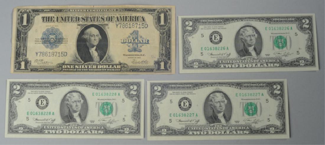 1923 Series US Dollar & Three $2 Bills: The dollar bill, series 1923 is a larger silver certificate and it is being sold with three series 1976 two dollar bills.