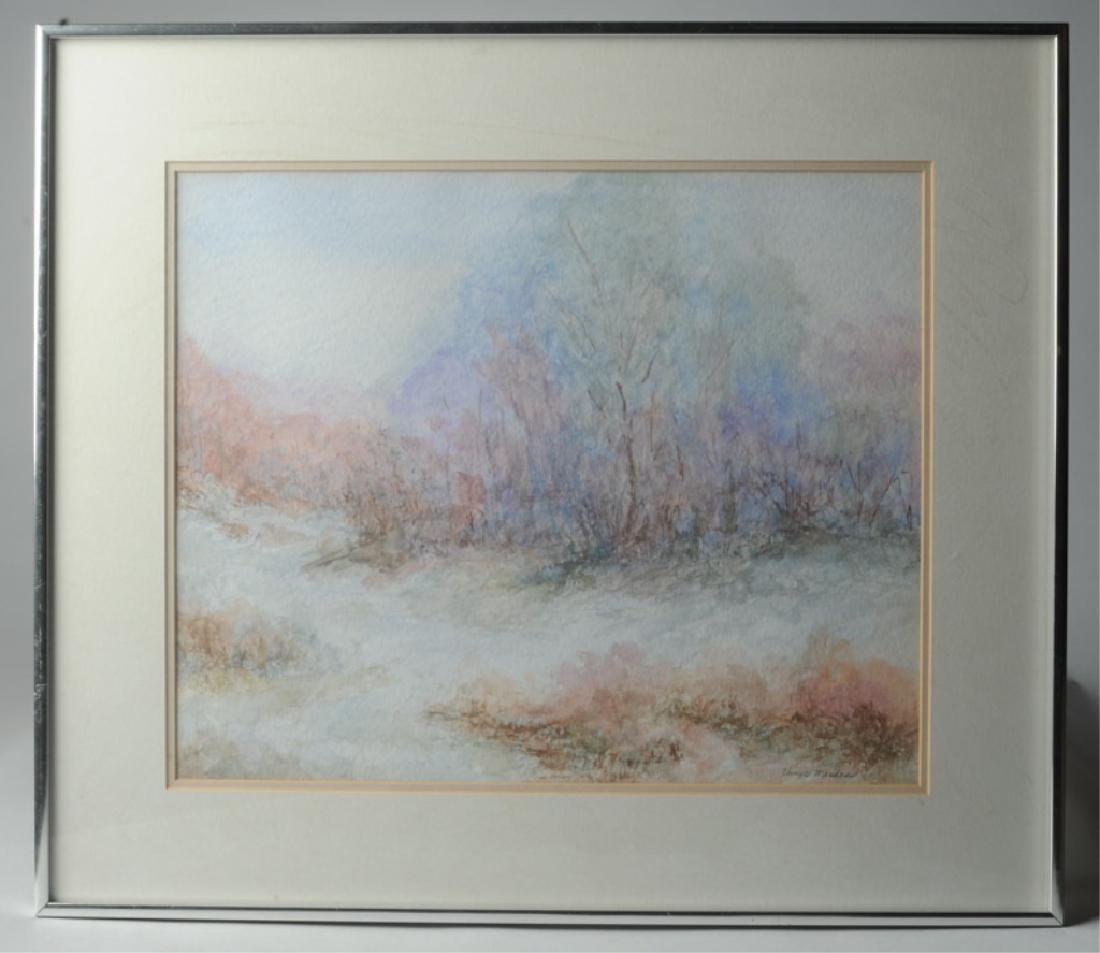 Chrys Meador Watercolor "Blue Creek": Signed lower right, title and artist information on verso, visible image: approx. 13 3/4" x 16 1/2". Frame: approx. 20 1/2" x 23 1/4".