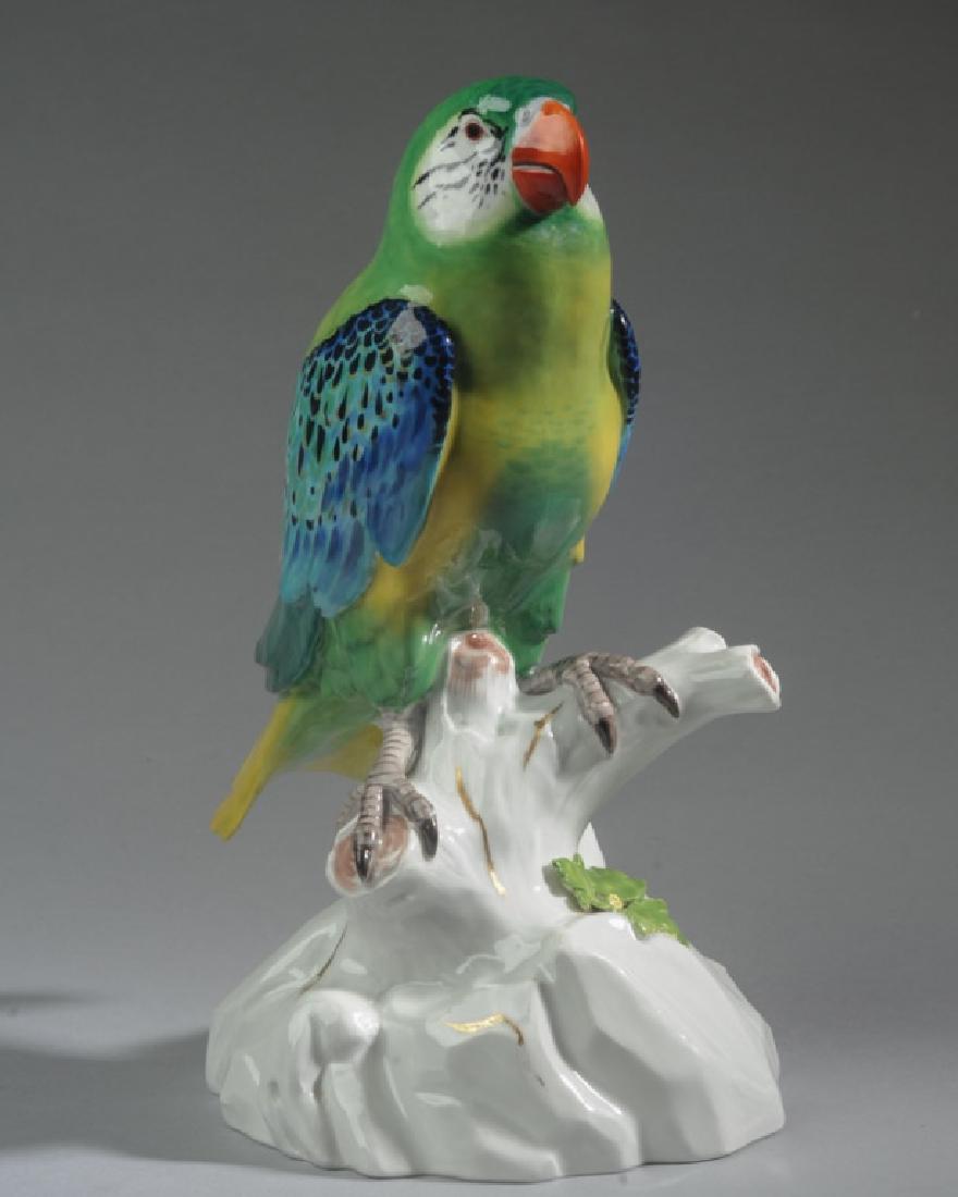 Meissen Porcelain Parrot: Crossed swords underglaze blue mark to base. H: approx. 10 1/2". Provenance: From a prominent Central Virginia manor house.