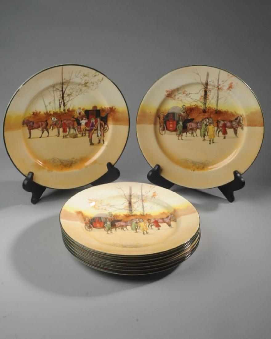 Eight Royal Doulton "Coaching Days" Plates: In overall good condition. Dia: approx. 10 1/2". Provenance: From a prominent Central Virginia manor house.