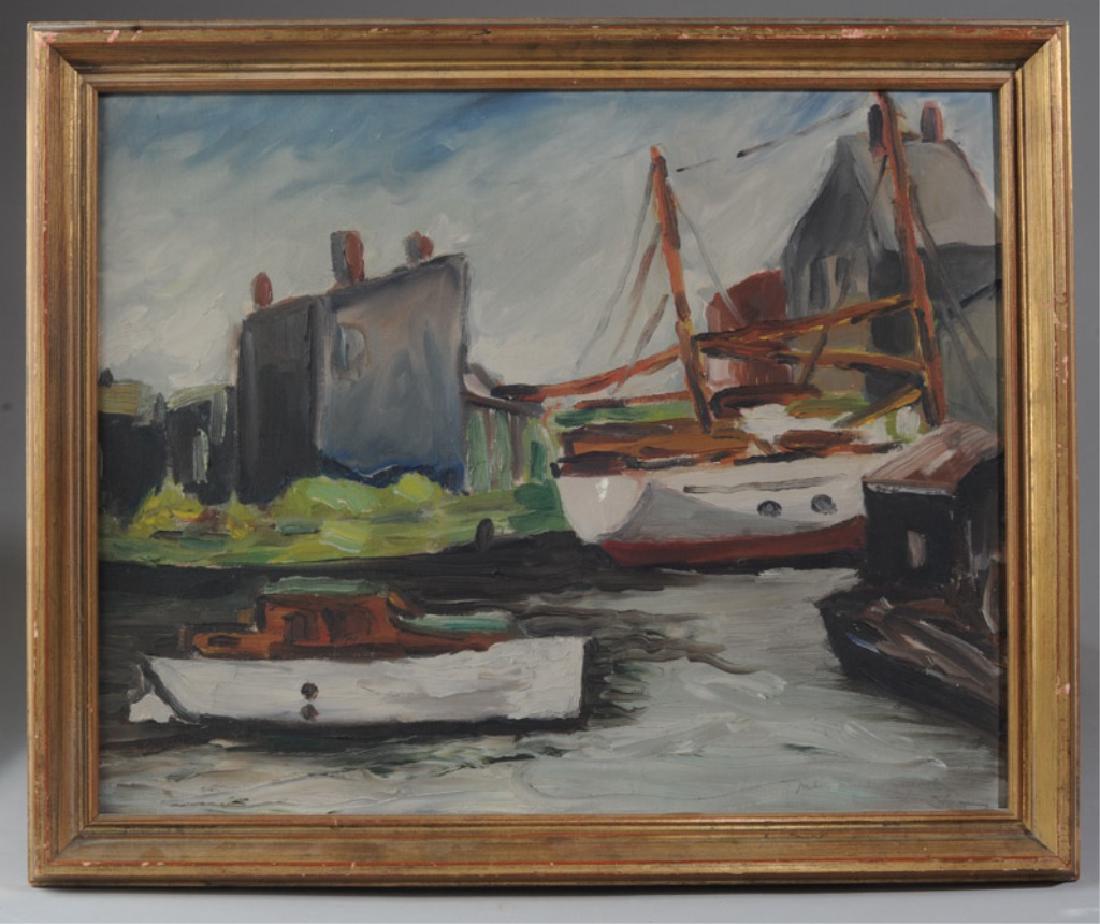 Julia Seldon Grandy (1903-1962) Oil on Board: "Harbor Scene". Grandy was an artist and poet active in Norfolk and Baltimore. Signed lower right. Dated 1936 on verso. Image: approx. 16" x 20". Frame: approx. 18 1/2" x 22 1/2".