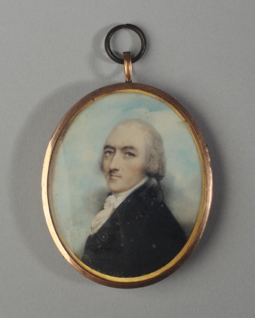 19th C. Portrait Miniature of a Gentleman: With lock of hair on reverse, exceptional detail. Provenance: From a private Central Virginia collection belonging to the descendants of British Brigadier General Sir William Thomas Francis Horwood. A