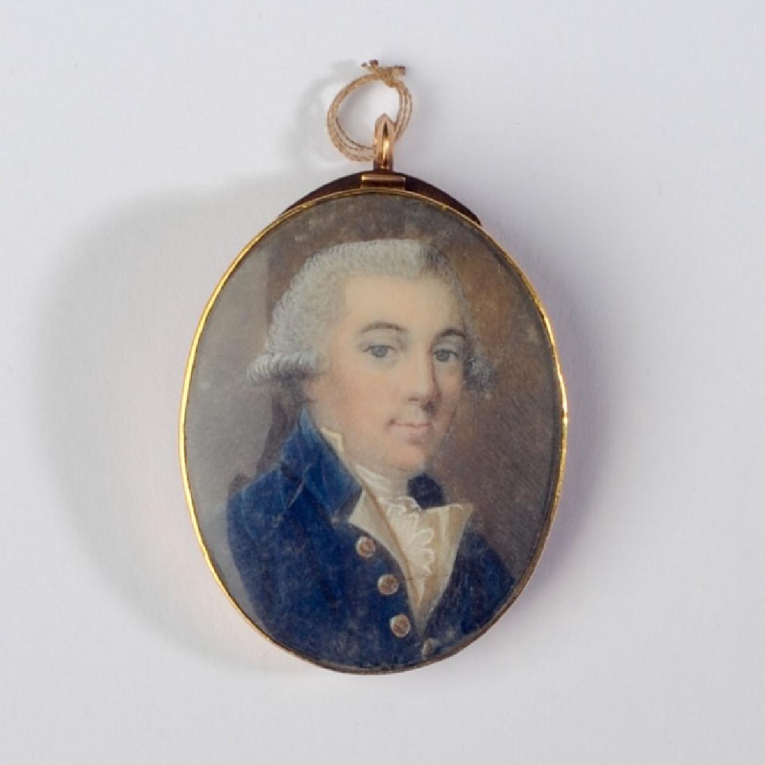 19th C. Portrait Miniature of a Gentleman: In period dress, monogram to reverse. Provenance: From a private Central Virginia collection belonging to the descendants of British Brigadier General Sir William Thomas Francis Horwood. Approx. 1 1/2
