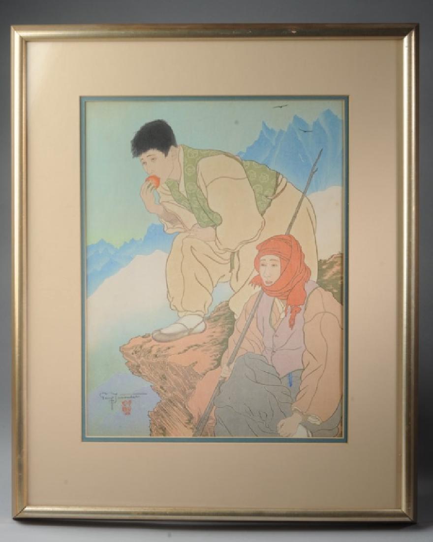 Paul Jacoulet (1896-1960) Woodblock Print: Lithograph is titled "Bergers des Hautes Montagnes", pencil signed lower left. Image: approx. 15 1/4" x 11 3/4". Frame: approx. 22 1/2" x 18 1/2".