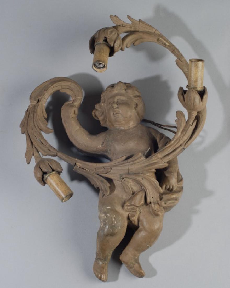Unusual Early Composition Putti Wall Sconce: Lighted at one time, minor damage, Provenance: From a private Central Virginia collection belonging to the descendants of British Brigadier General Sir William Thomas Francis Horwood. H: approx. 14".
