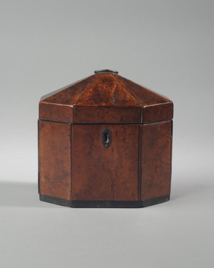 Early 19th C. English Tea Caddy: Octagonal shape, small handle to lid, some damage. Provenance: From a private Central Virginia collection belonging to the descendants of British Brigadier General Sir William Thomas Francis Horwood. 