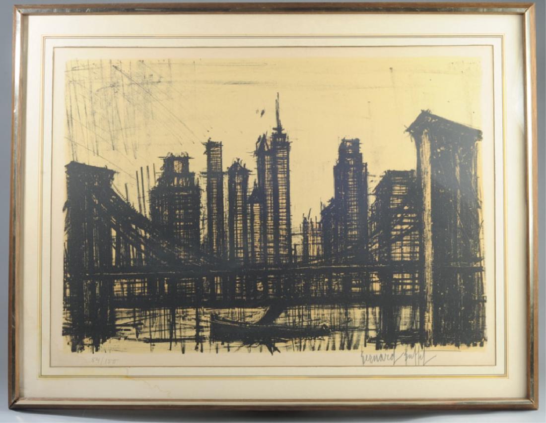 Bernard Buffet (1928 - 1999) Lithograph: Expressionistic city view, pencil signed lower right, numbered 84/150 lower left, minor staining lower left. Image: approx. 20 1/2" x 28 1/4". Frame: approx. 25 1/2" x 33".