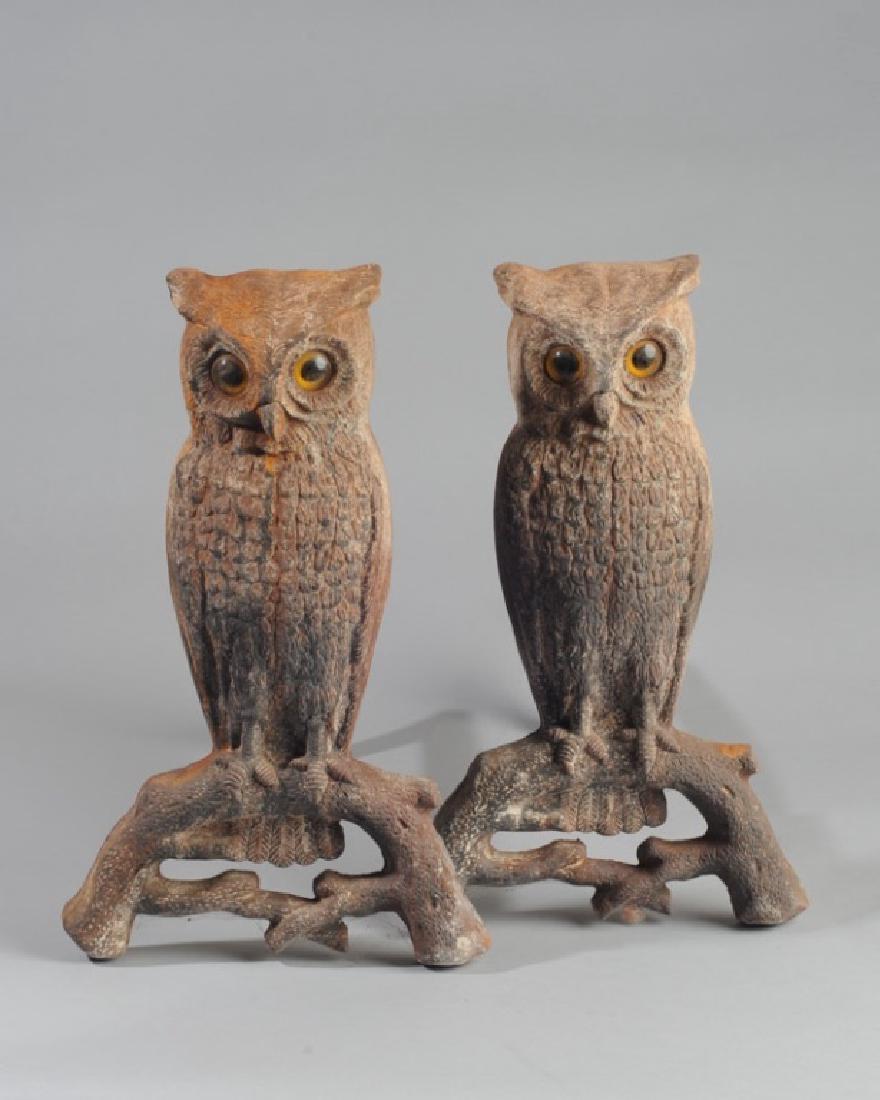 Pair of Owl Cast Iron Andirons: H: approx. 15".