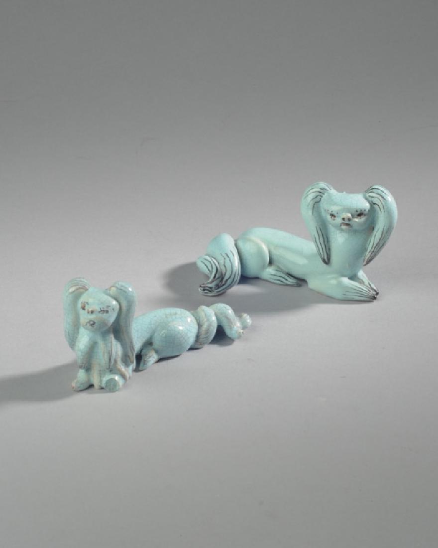 Two Arabia Finland Figural Dogs: One damaged. Provenance: Estate of Mary Helen Jessup of Charlottesville, Virginia. Tallest: approx. 2 1/2".